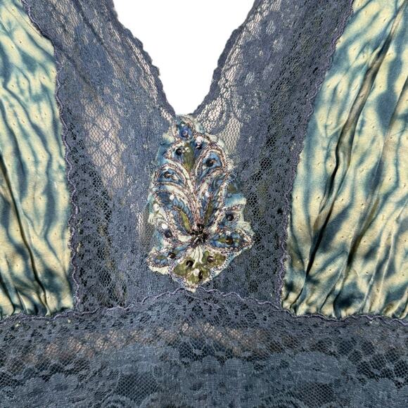 Vintage Y2K Tie Dye Embellished Silk Slip Dress Medium Blue Beaded 2000s Lace - Picture 5 of 9